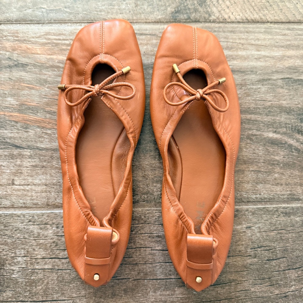 FRAME Women's Le Sunset Leather Bow Square Ballet Flats, Brown, 7.5